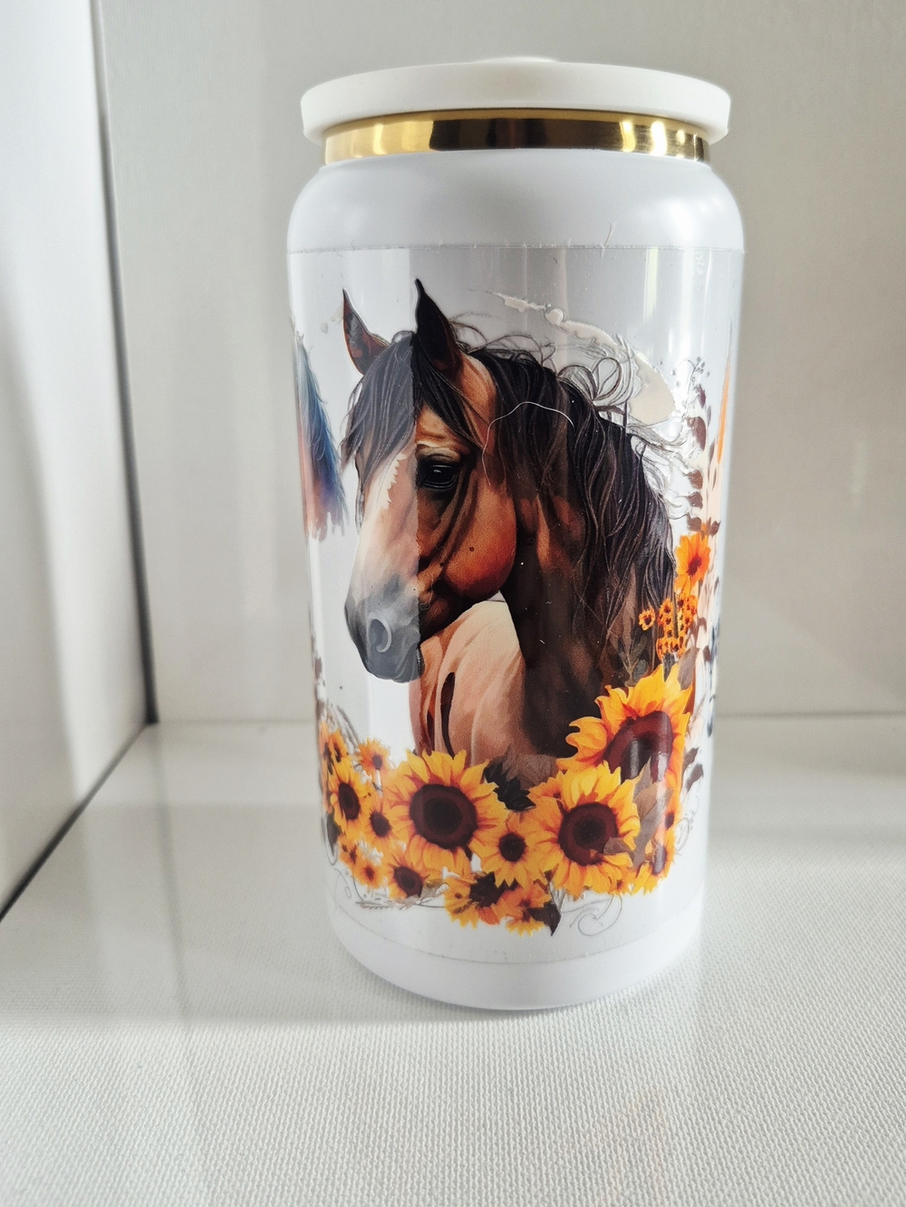 Horse & Sunflower White Gold Steel 16oz Can Beverage Tumbler Lid Straw